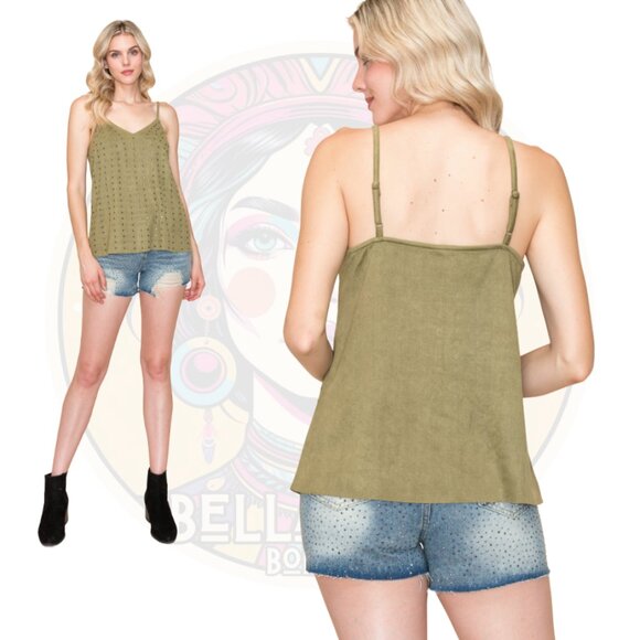 156O VOCAL Olive Microsuede Cami with Rhinestone Accents - Picture 2 of 2